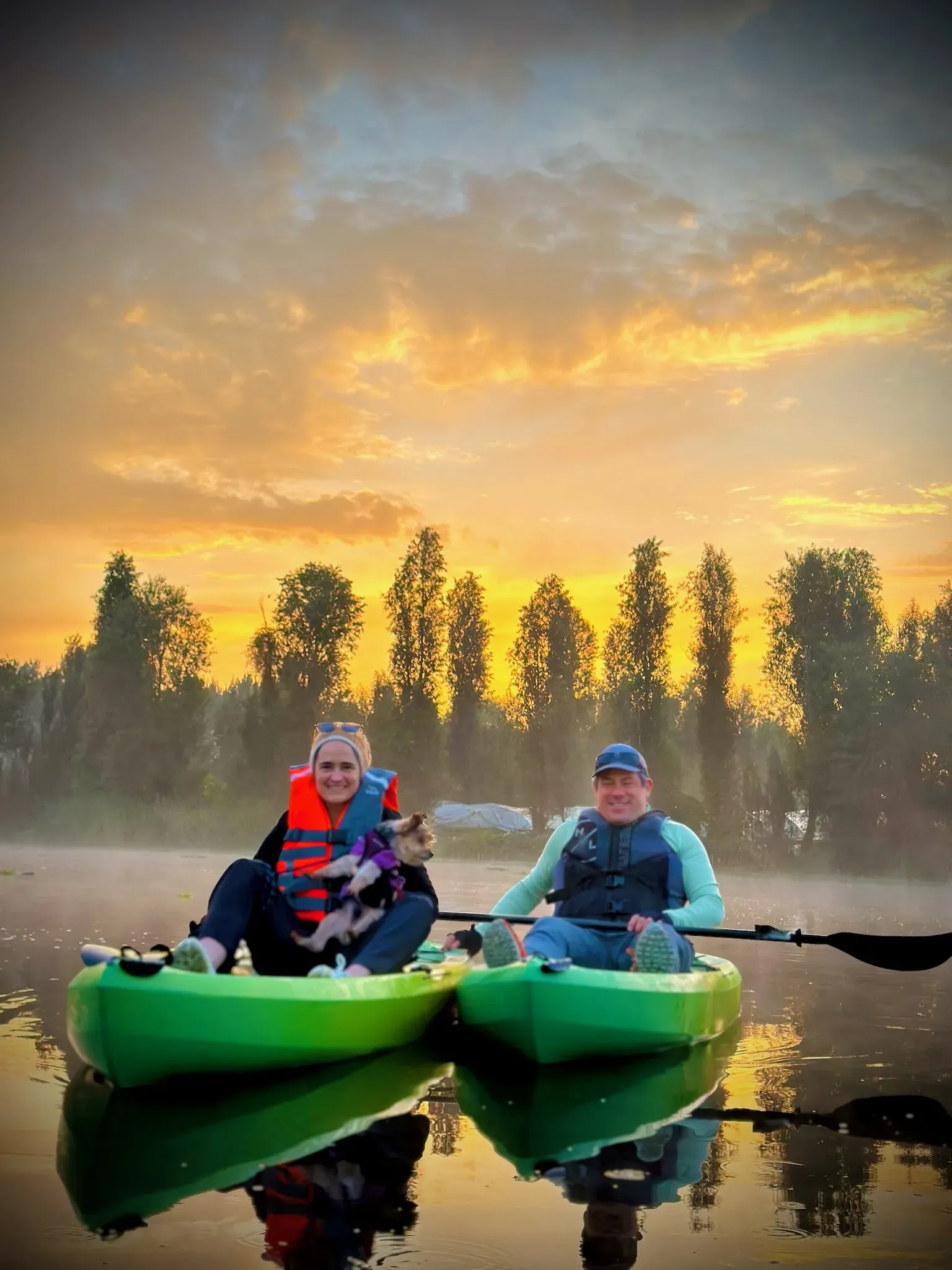 Vista serena de un canal de Xochimilco al amanecer