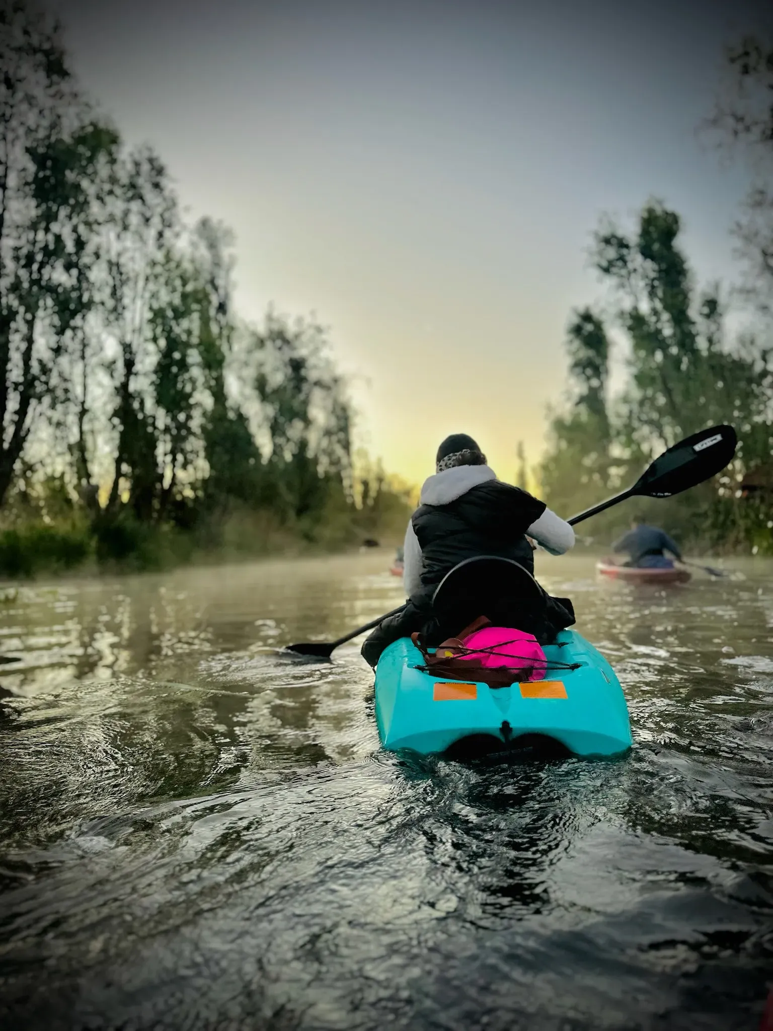 Silueta de kayak durante un atardecer dorado en Xochimilco